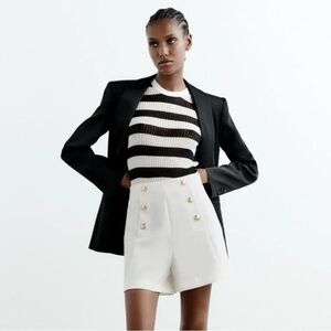 Zara White High Waist Shorts Gold Button Detail XL NWT Preppy Chic